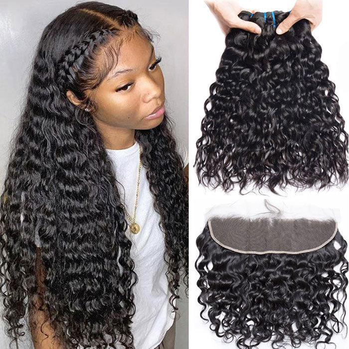 Water Wave Transparent Lace Frontal with Bundles Virgin Human Hair Weave Extensions