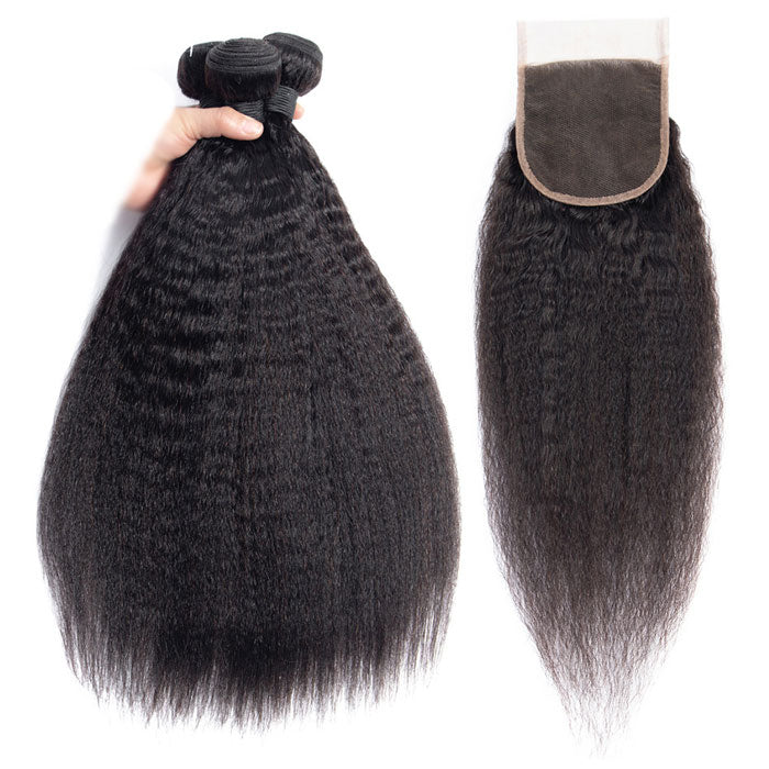 Yaki Straight Transparent Lace Closure with Virgin Human Hair Weave Bundles Kinky Straight