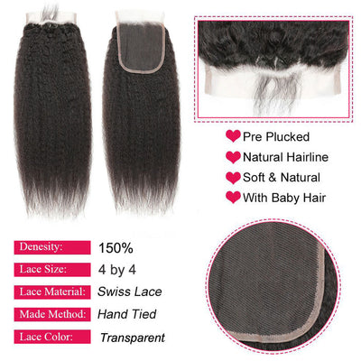 Yaki Straight Transparent Lace Closure with Virgin Human Hair Weave Bundles Kinky Straight