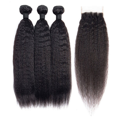 Yaki Straight Transparent Lace Closure with Virgin Human Hair Weave Bundles Kinky Straight